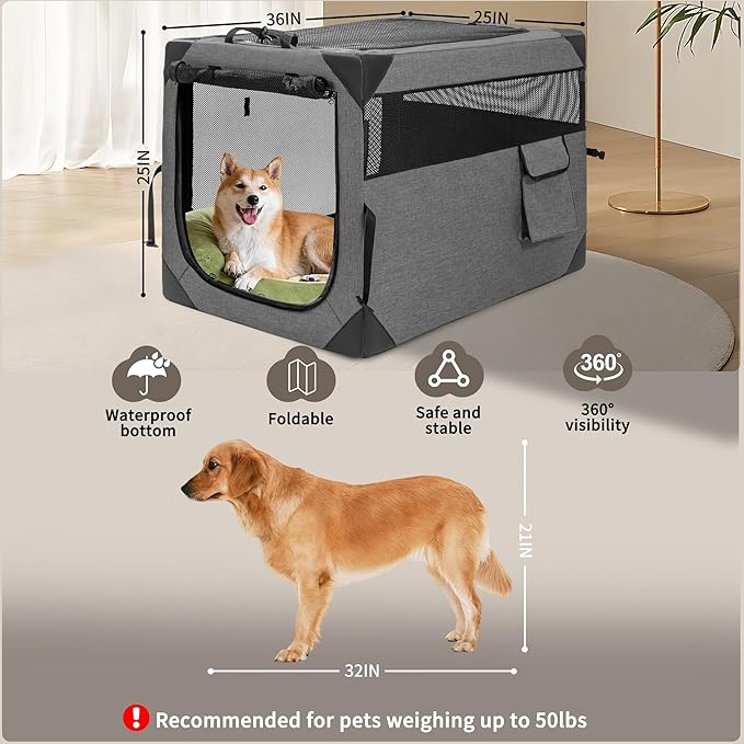 Hiaksedt Dog Crates - 36 Inch Collapsible Soft Dog Crate, 3-Door Foldable Soft Kennel for Large Dogs, Portable Pet Travel Cage with Chew Proof Mesh Window for Indoors & Outdoors（Dark Gray）
