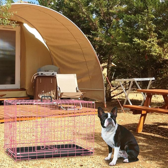 Dog Crate Dog Cage Dog Kennel Outdoor Metal Wire Double-Door Folding Pet Animal Pet Cage for Small Dog 30 inches with Double Door&Leak-Proof Pan Tray,Pink