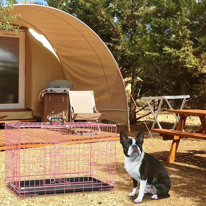 Dog Crate Dog Cage Dog Kennel Outdoor Metal Wire Double-Door Folding Pet Animal Pet Cage for Small Dog 30 inches with Double Door&Leak-Proof Pan Tray,Pink