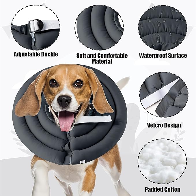 Soft Dog Cone Collar - Adjustable Recovery Cone for Medium Large Dogs After Surgery to Stop Licking, Waterproof Elizabethan Protective Neck Donut Collar Alternative for Pet (Grey, L)