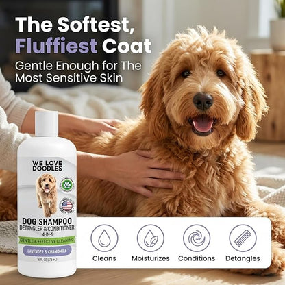 Dog Shampoo, Conditioner & Detangler - Best Shampoo for Goldendoodles, Poodles & Doodles Pet Hair - Hypoallergenic, Tearless, Sensitive Skin for Puppies & All Dog Breeds - Made in USA, 16OZ (Lavender)