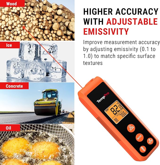TempPro TP410 Infrared Thermometer Gun Non-Contact Laser Thermometer Gun for Cooking, Temperature Gun with Range -58℉~1022℉ for Pizza Oven Accessories, Griddle, HVAC, Engine(Previously ThermoPro)