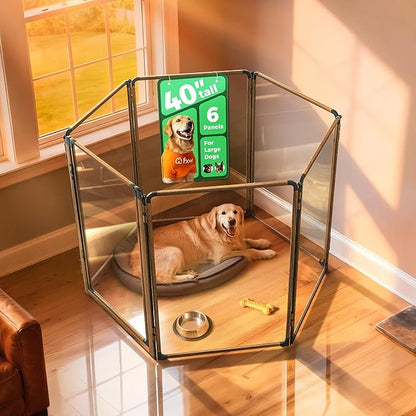 FXW AuraSpace Pro Acrylic Indoor Dog Playpen, Heavy-Duty with Metal Frame, 40" Height 6 Panels for Medium and Large Dogs, Walnut│Patented