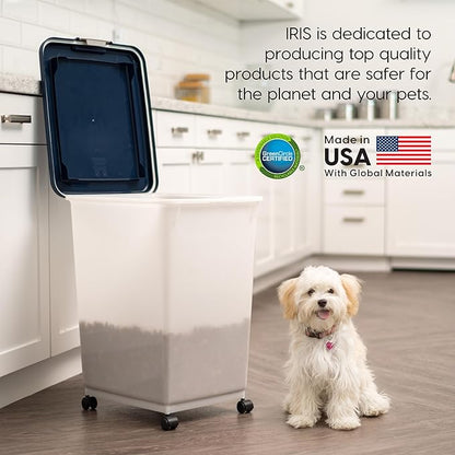 IRIS USA Dog Food Storage Container, Up to 54 Pounds, Attachable Wheels, For Dog Cat Bird and Other Pet Food Storage Bin, Keep Fresh, Easy Mobility - Made in USA, Navy/Pearl