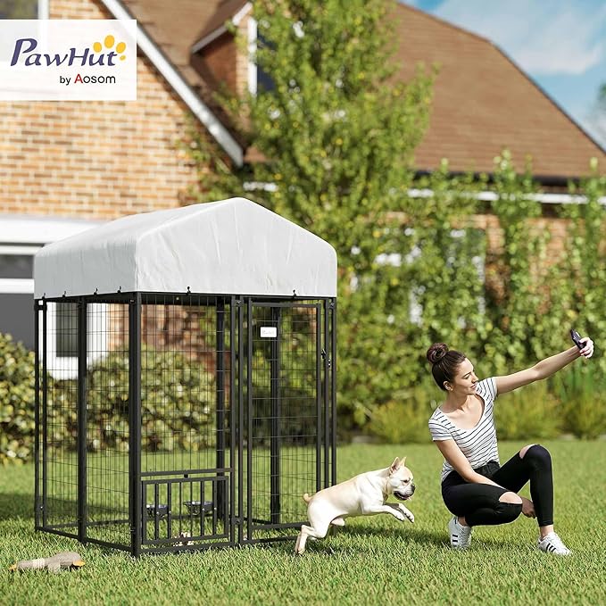 PawHut 4' x 4' x 6' Outdoor Dog Kennel, Welded Wire Dog Kennel Outside Run with 360° Rotating & 4 Level Adjustable Bowls, Waterproof & UV Resistant Cover, for S&M Breeds, Chickens, Ducks, Silver