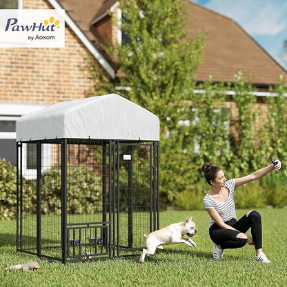 PawHut 4' x 4' x 6' Outdoor Dog Kennel, Welded Wire Dog Kennel Outside Run with 360° Rotating & 4 Level Adjustable Bowls, Waterproof & UV Resistant Cover, for S&M Breeds, Chickens, Ducks, Silver