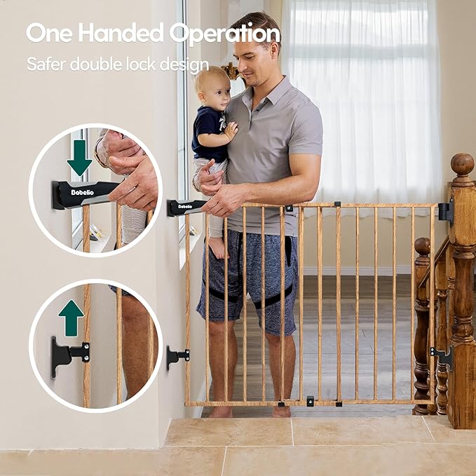 Babelio Baby Gate for Stairs & Doorways, 26-43" W 28" H No Bottom Bar| Easy Installation| One-Handed Operation| Auto-Close| Hardware Mount (Drill Needed) Safety Dog/Pet Gate (Brown Wood Pattern)