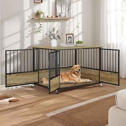 DWVO Dog Crate Furniture with Wheels, 43 Inch Dog Kennel Indoor Furniture End Table Dog Crate for Dogs, Farmhouse Decorative Wooden Dog Cage Table with Double-Doors, Chew-Resistant, Greige