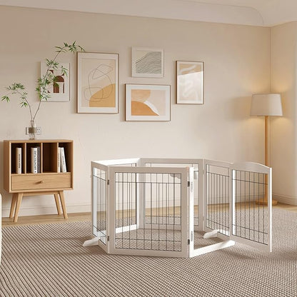 Vantas Folding Pet Gate 144" Wide, 30" Tall No-Assembly Wooden Dog Gate with Door Walk Through, Freestanding Wire Pet Puppy Safety Fence, with 2PCS Support - White