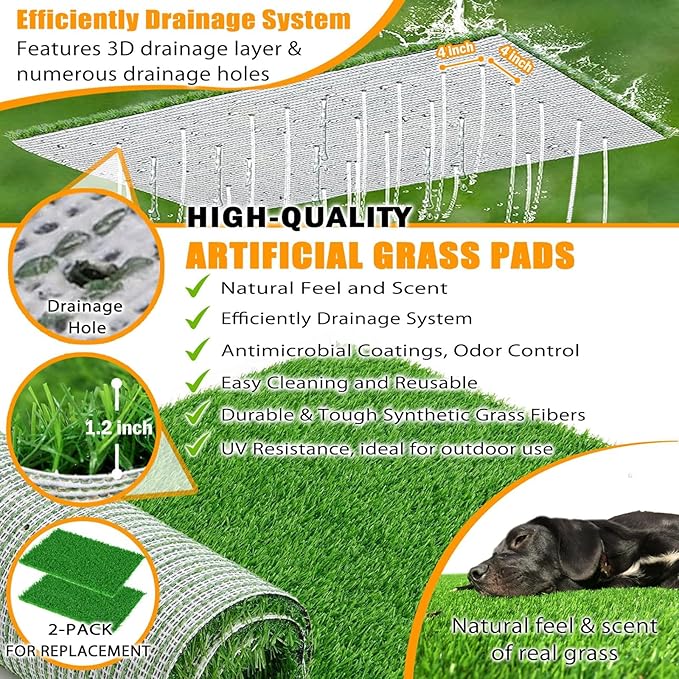 Dog Grass Pad with Tray - 34"x23.6" Large Dog Potty Indoor Outdoor - Odor-Free 4-Layer Drainage System with Stainless Steel Tray - Artificial Grass Turf for Large to Small Dogs, Balcony & Porch