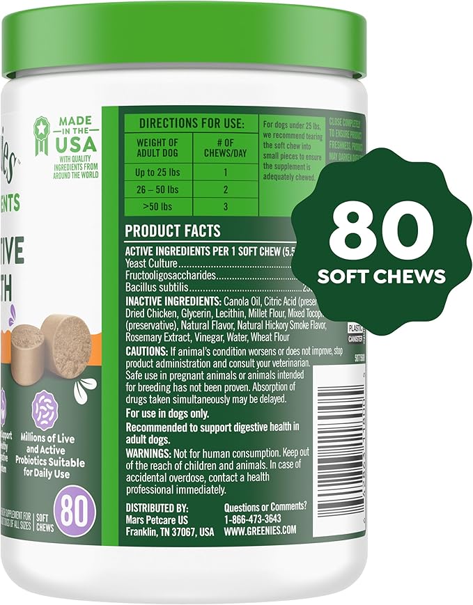 Greenies Supplements Digestive Health Probiotics for Dogs, Dog Probiotic Supplements, Chicken Flavor, 15.6 oz. Pouch of 80 Count