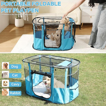 Portable Pet Playpen with Waterproof pad,Collapsible Crates Kennel Playpen for Dog cat and Rabbit &Travel playpen Outdoor or Indoor (Large（35.4" L x 27.6" W x 23.6" H）, Clear Blue)
