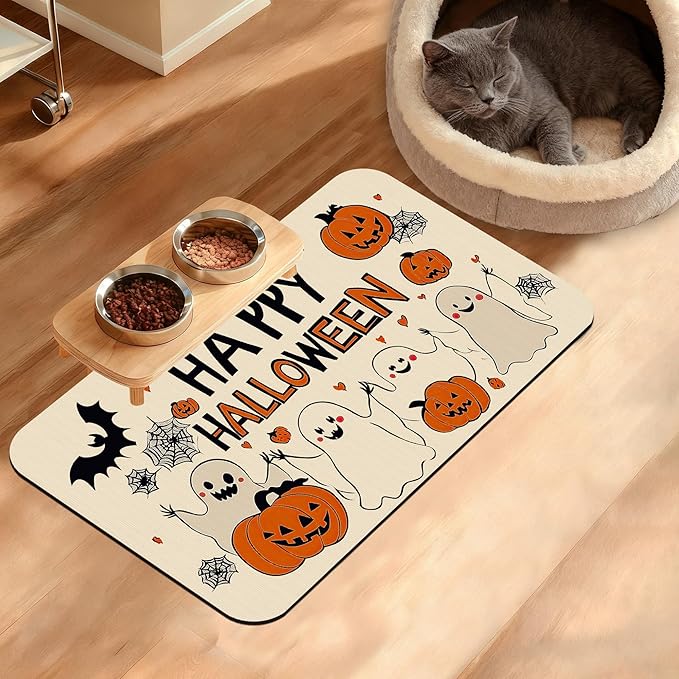 Pumpking Bat Dog Cat Food Mat,Halloween Absorbent Waterproof Placemat for Food and Water Non Slip Rubber Backing Durable Feeding Pad for Clean Floors 12" x 20"