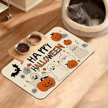 Pumpking Bat Dog Cat Food Mat,Halloween Absorbent Waterproof Placemat for Food and Water Non Slip Rubber Backing Durable Feeding Pad for Clean Floors 12" x 20"
