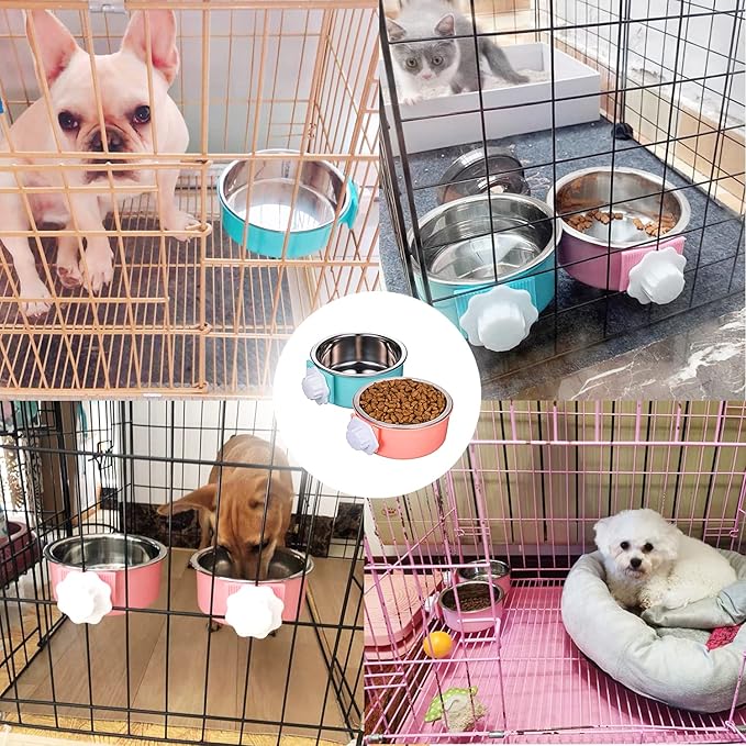 HERCOCCI Dog Crate Bowls, Removable Stainless Steel Pet Kennel Cage Hanging Food Bowls and Water Feeder Coop Cup Prevent Overflow for Puppy, Medium Dog, Cat, Rabbit, Ferret (3PCS)