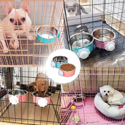 HERCOCCI Dog Crate Bowls, Removable Stainless Steel Pet Kennel Cage Hanging Food Bowls and Water Feeder Coop Cup Prevent Overflow for Puppy, Medium Dog, Cat, Rabbit, Ferret (3PCS)