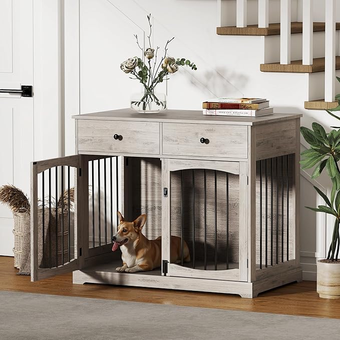 Kucreiheat 40'' Wooden Dog Crate Furniture–Farmhouse Dog Kenel-Multi Purpose Pet House with Double Doors, 2 Drawers, for Small, Medium & Large Dogs–Rustic Grey Finish