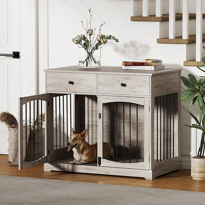 Kucreiheat 40'' Wooden Dog Crate Furniture–Farmhouse Dog Kenel-Multi Purpose Pet House with Double Doors, 2 Drawers, for Small, Medium & Large Dogs–Rustic Grey Finish