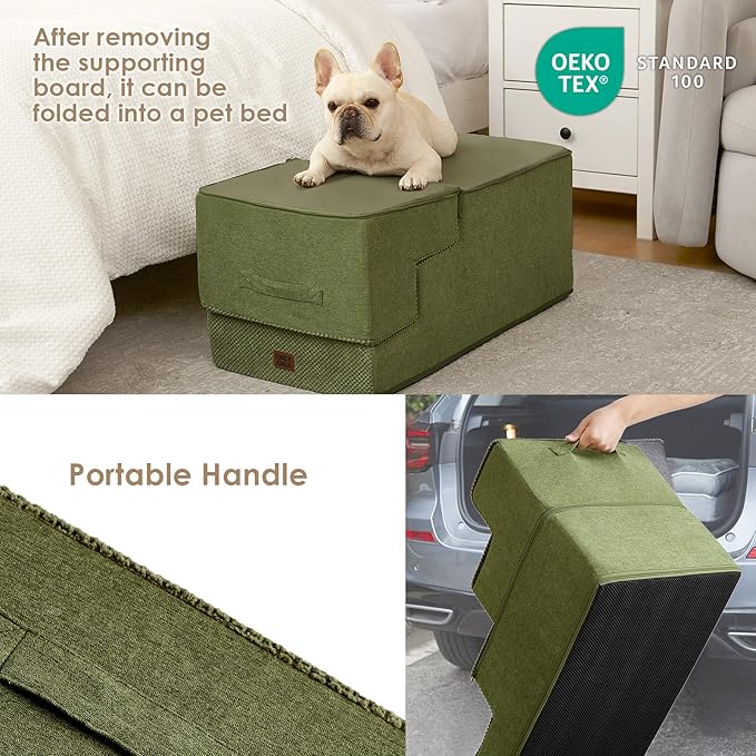 EHEYCIGA Dog Stairs for High Bed 22.5" H, 5-Step Dog Steps for Bed, Pet Steps for Small Dogs and Cats, Non-Slip Balanced Pet Ramp Indoor, Olive Green