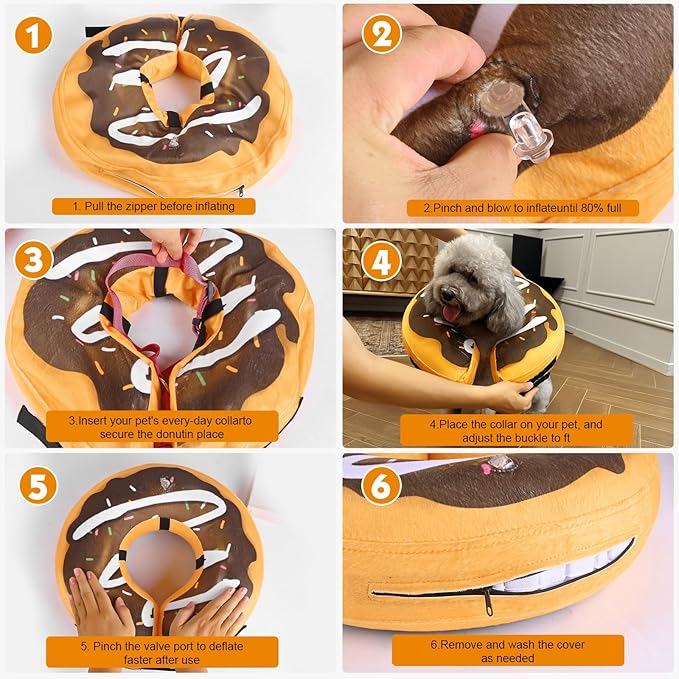 Inflatable Dog Cone, Soft Adjustable Blow up Donut Collar for After Surgery, E-Collar for Small, Medium, Large Dogs and Cats