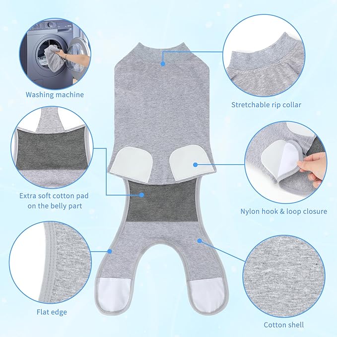 2 Packs Breathable Cotton Dog Recovery Suit for After Neuter Spay Abdominal Wounds Protector, Professional Anti-Licking Onesies for Male Female Pets Surgery Bandages, S Grey Blue Pure