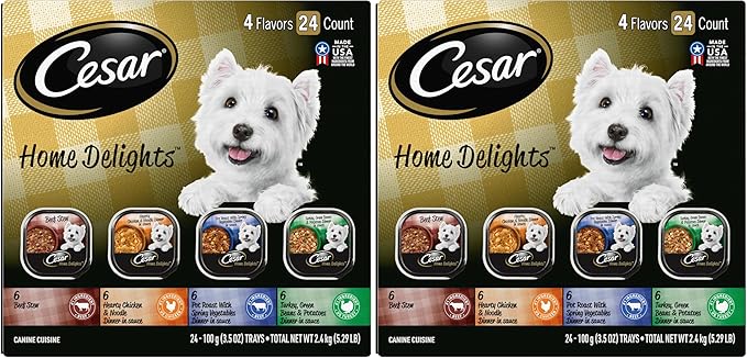 Cesar Home Delights Adult Wet Dog Food,Pot Roast with Spring Vegetables,Beef Stew,Turkey,Green Beans,& Potatoes,and Hearty Chicken & Noodle Dinner in Sauce Variety Pack,3.5 oz.,24 Count (Pack of 2)