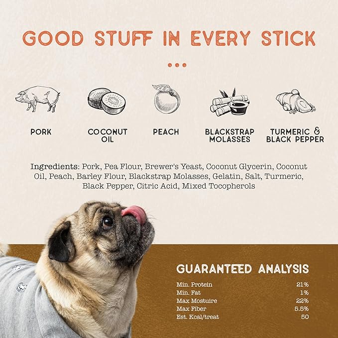 Dog Treat Naturals Superfood Sticks, Pork & Peach, 10oz Bag | Dog Chew Sticks | All-Natural, Pet Training Treats | Joint-Skin-Coat Health | USA Made