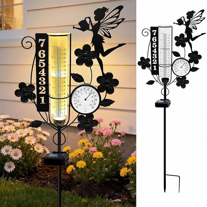 YJFWAL Fairy Rain Gauge Outdoor, Decorative Metal Number Solar Rain Gauge with LED Light and Thermometer, Garden Decor for Yard, Lawn, Pathway, Farm