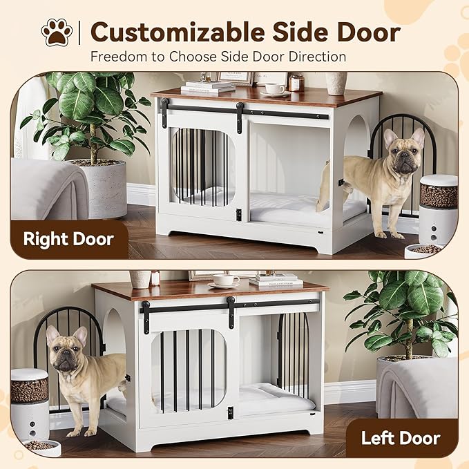 Dog Crate Furniture, 39.4 in Dog Kennel for Dogs Up to 70 LB, with Bed Mat, Heavy-Duty Dog Cage End Table, Three Doors Dog House, White/Brown