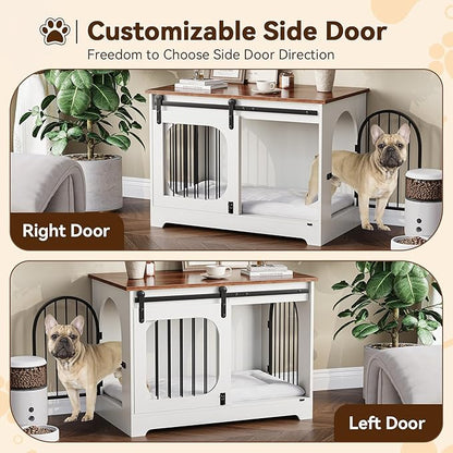 Dog Crate Furniture, 39.4 in Dog Kennel for Dogs Up to 70 LB, with Bed Mat, Heavy-Duty Dog Cage End Table, Three Doors Dog House, White/Brown