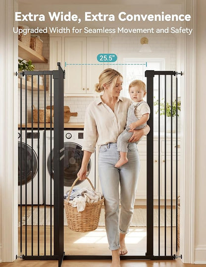 No Pawblems 55" Extra Tall Pet Gate for Cat/Dog, 31.5-48" Wide Auto Close Tall Cat Gate with 25.6" Wide Walk-Thru Door Opening, 1.37" Ultra Narrow Spacing, NO Drilling Pressure Mounted, Black