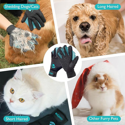 COOLJOB Patented Pet Grooming Gloves with Web, Reusable Washable Cleaning Brush Massage Hair Remover for Short Long Haired Dog Cat Horse Animal, Washing Bathing Shedding Supplies, Large, Blue Black