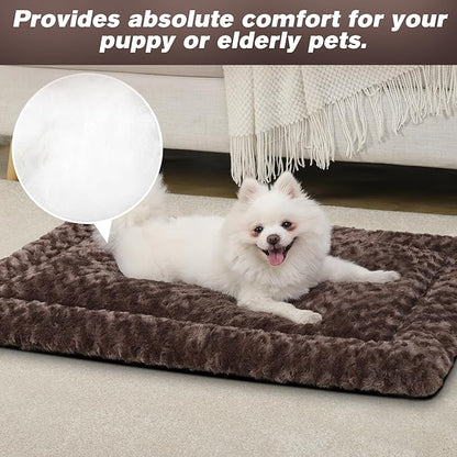 Washable Dog Bed Mat Soft Dog Crate Pad Fluffy Pet Kennel Beds Sleeping Mattress with Non-Slip Bottom for Large Jumbo Medium Small Dogs, 47 x 29 Inch, Brown