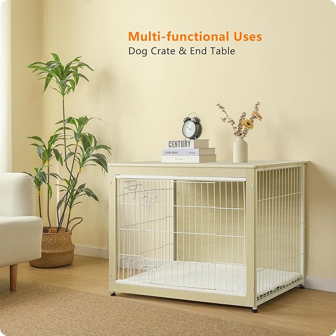 DWANTON Dog Crate Furniture with Cushion, Wooden Kennel Table with Double Doors, Indoor Dog House, Large Size, 38.5" L, White Oak