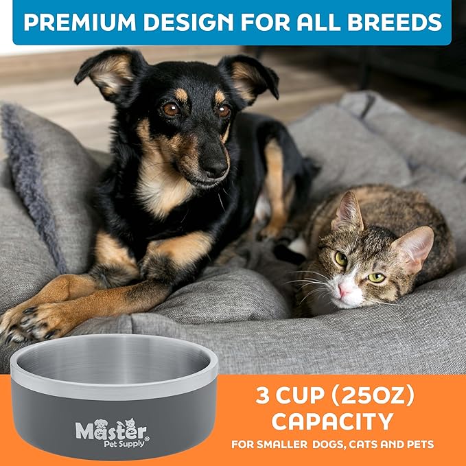 Master Pet Supply Stainless Steel Dog Bowls - 25 oz, Heavy Duty - Graphite, Double Wall Extra-Thick Insulated, Non-Slip Pet Water Bowl for Dogs, Cats & Pets, Anti Rust Metal, Dish Washer Safe