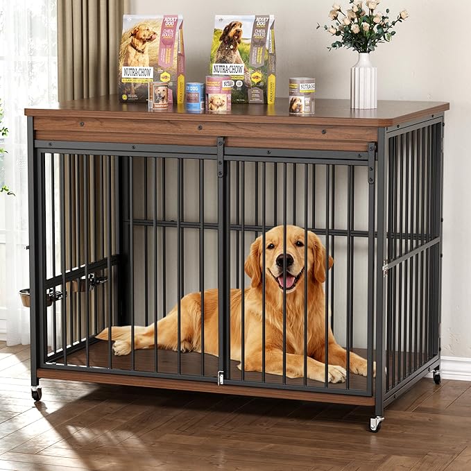 Cofiyard Dog Crate Furniture, 48’’ Wooden Dog Kennel Indoor with Sliding Front Door, Multi-Side Openings & Feeding Window Pet Cage House as TV Stand(Brown)
