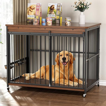 Cofiyard Dog Crate Furniture, 48’’ Wooden Dog Kennel Indoor with Sliding Front Door, Multi-Side Openings & Feeding Window Pet Cage House as TV Stand(Brown)