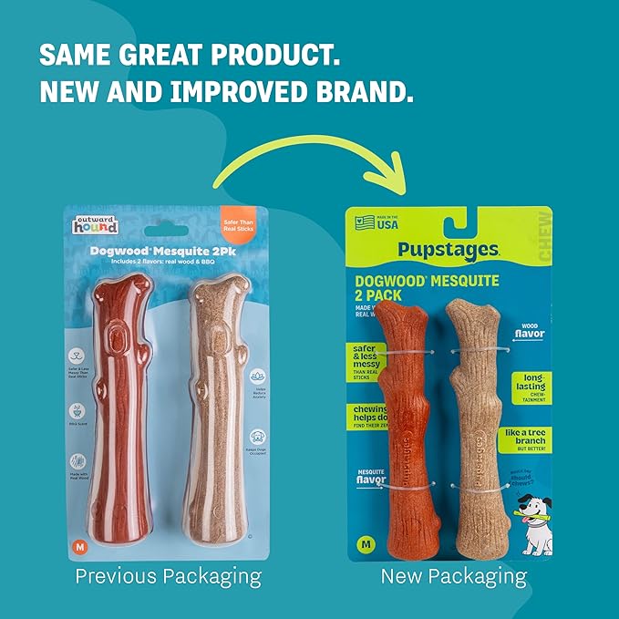 Pupstages Dogwood Mesquite Dog Chew Toy – Real-Wood Blend, Moderate Chewers, Medium, 7.5", 2-Pack (Natural & Mesquite Flavors)