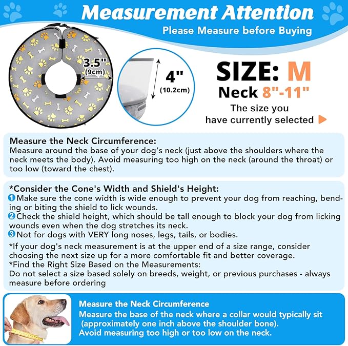 Inflatable Dog Cone with Anti-Licking Clear Shield, Protective Dog Donut Collar After Surgery, Adjustable Soft Recovery Cone for Pets, Alternative Collar with Buckle Strap (Grey Paw, M)