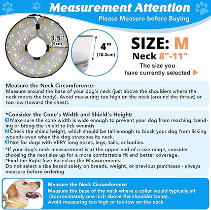 Inflatable Dog Cone with Anti-Licking Clear Shield, Protective Dog Donut Collar After Surgery, Adjustable Soft Recovery Cone for Pets, Alternative Collar with Buckle Strap (Grey Paw, M)
