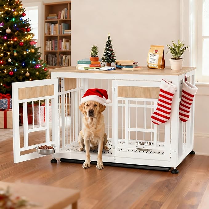 Heavy Duty Dog Crate Furniture for Large Dogs, Decorative Pet House End Table with 2 Feeder Bowls, 42.9 Inch Large Wooden Cage Kennel Furniture Indoor for Medium Dog with Bottom Tray