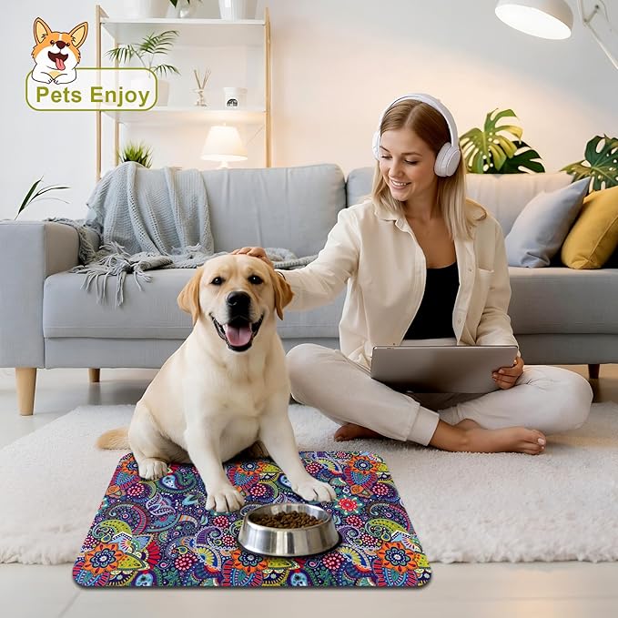 Dog Food Mats for Floors Waterproof Mat for Cat Food and Water Bowls - Absorbent Quick Dry Non Slip Mat for Pet Feeding