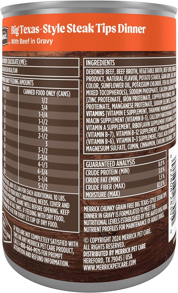 Merrick Chunky Grain Free Premium And Wholesome Canned Dog Food, Real Meat Big Texas Steak Tips Dinner - (Pack of 12) 12 ct. Cans