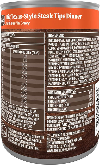 Merrick Chunky Grain Free Premium And Wholesome Canned Dog Food, Real Meat Big Texas Steak Tips Dinner - (Pack of 12) 12 ct. Cans