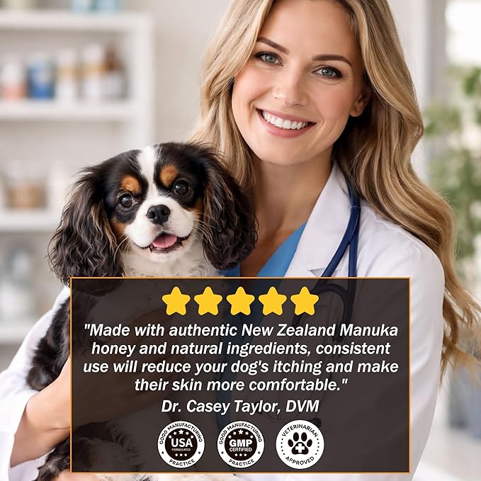 Manuka Honey for Dogs - Allergy Relief & Anti Itch Skin - Comfort and Coat Health - Manuka Honey, Krill Oil, Colostrum, Quercetin, Probiotics, Kelp Powder - 120 Soft Chews