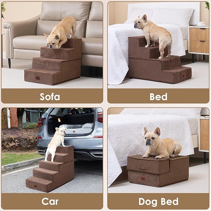 EHEYCIGA Dog Stairs for Small Dogs 13.5" H, 3-Step Dog Steps for Couch Sofa and Chair, Pet Steps for Medium Cats, Non-Slip Balanced Pet Ramp Indoor, Brown
