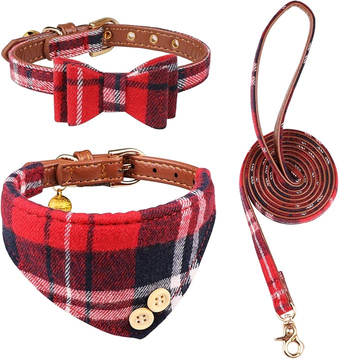 3 PCS Puppy Collar and Leash Set Dog Collars for Small Dogs Dog Bow Tie with Bell Puppy Bandana Leather Dog Collar for Small Dogs Puppies and Cats(Red)