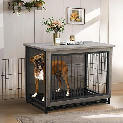 JY QAQA Wooden Crate Furniture, Double-Doors Indoor Kennel Table, Dog House, Cage/Grey/M