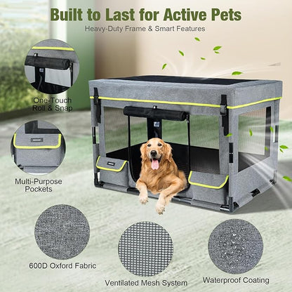 Durable Dog Playpen with Iron Frame, Heavy-Duty Pet Tent with Waterproof Base & Mesh Sides for Indoor Outdoor Use, Grey