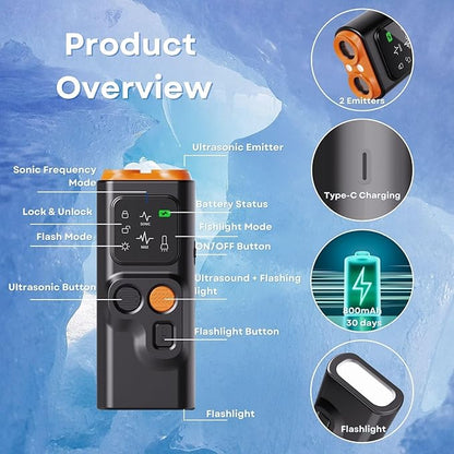Upgraded Ultrasonic Dog Barking Deterrent, Handheld Anti Barking Device, 3-in-1 Rechargeable Dog Training & Behavior Aid, Safe and Humane Stop Dog Barking with LED Flashlight